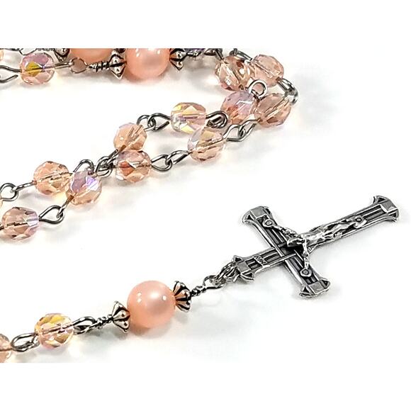Handmade Pink Five Decade Rosary, Stainless Steel Wire, Vintage Moonglow Beads - Picture 7 of 10